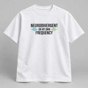 Neurodivergent On My Own Frequency Tee in White / Ink Black — compact graphic concept mockup