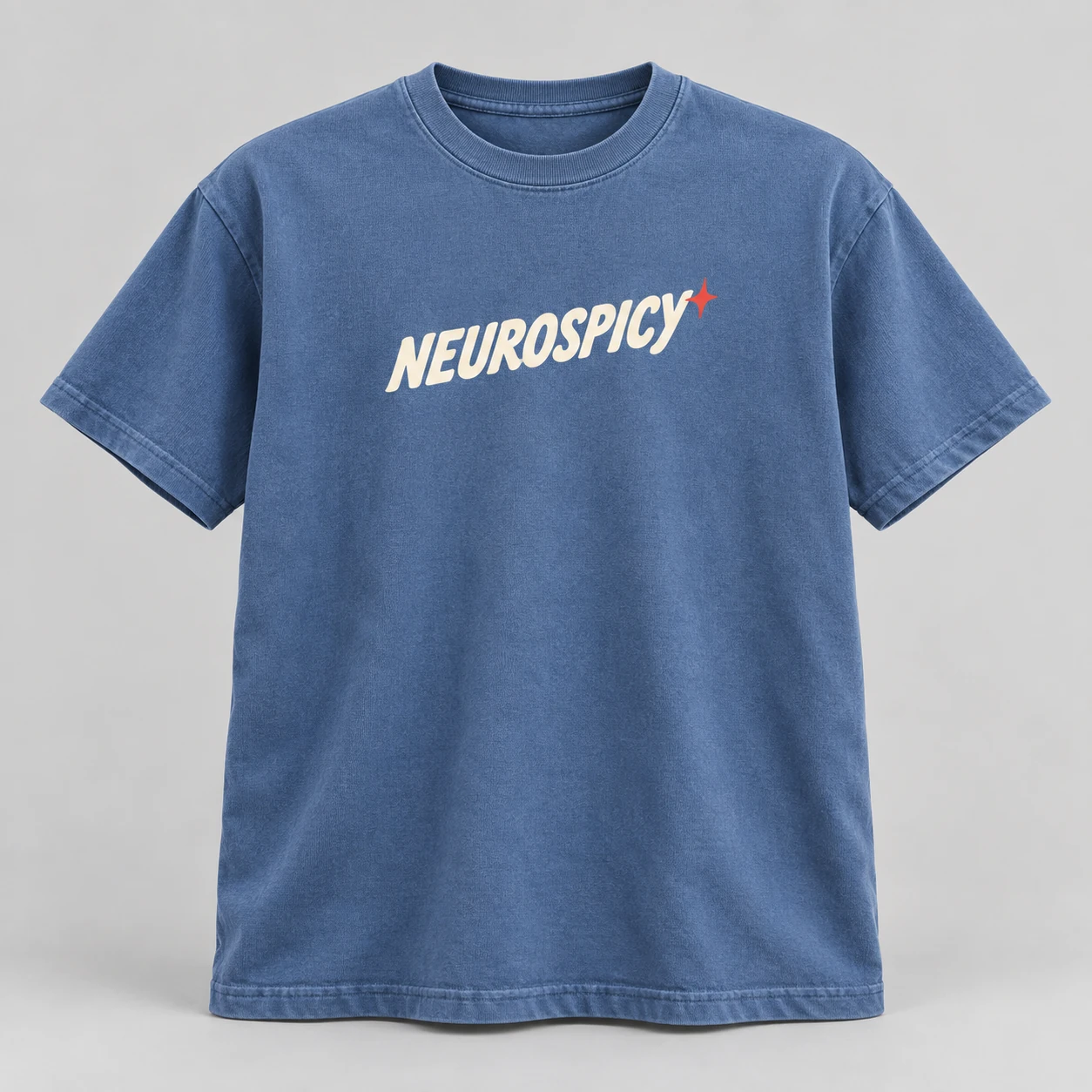 Neurospicy Tee in Faded Blue / Cream — compact graphic concept mockup