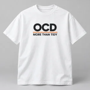 OCD More Than Tidy Tee in White / Ink Black — compact graphic concept mockup