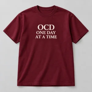 OCD One Day At A Time Tee in Burgundy / Cream — compact graphic concept mockup