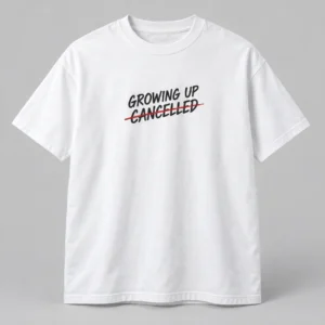 Growing Up Cancelled Tee in White / Ink Black — compact graphic concept mockup