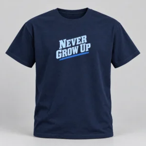 Never Grow Up — Type Edition Tee in Navy / Pale Blue — compact graphic concept mockup