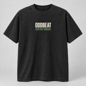 Oddbeat Everyday Original Tee in Washed Black / Cream — compact graphic concept mockup