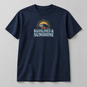 Basslines & Sunshine Tee in Navy / Pale Blue — compact graphic concept mockup