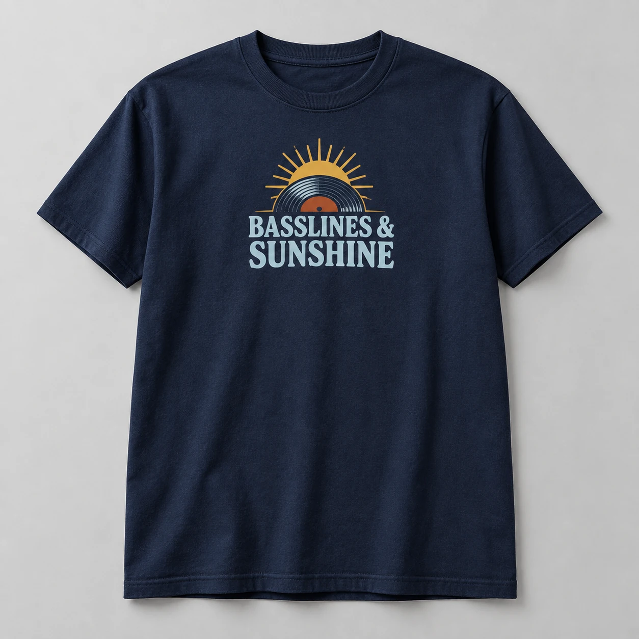Basslines & Sunshine Tee in Navy / Pale Blue — compact graphic concept mockup
