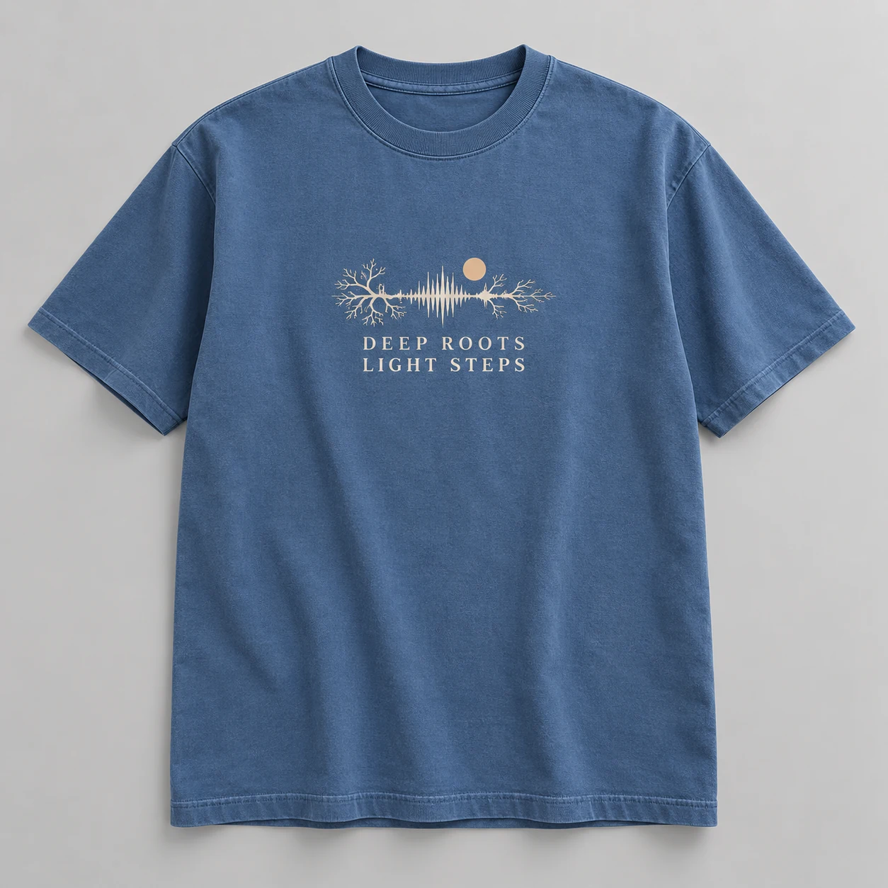 Deep Roots Light Steps Tee in Faded Blue / Cream — compact graphic concept mockup