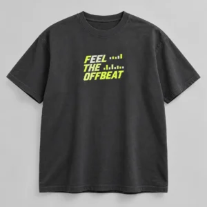 Feel The Offbeat Tee in Charcoal / Acid Yellow — compact graphic concept mockup