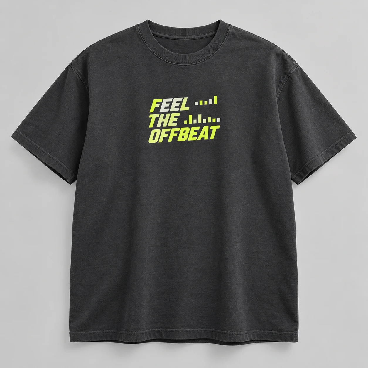 Feel The Offbeat Tee in Charcoal / Acid Yellow — compact graphic concept mockup