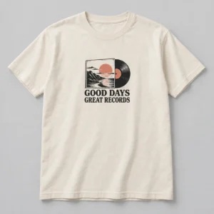 Good Days Great Records Tee in Natural / Ink Black — compact graphic concept mockup