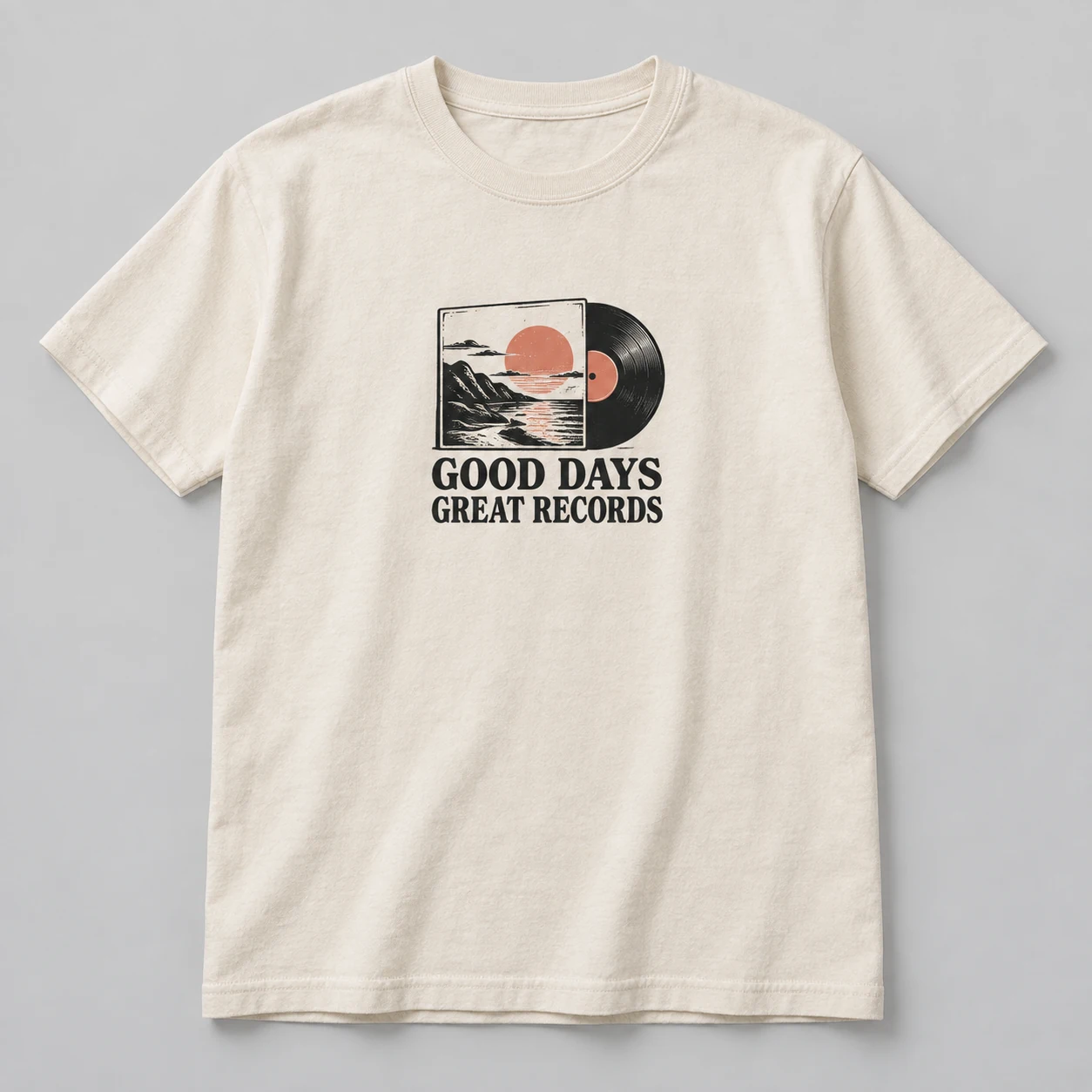Good Days Great Records Tee in Natural / Ink Black — compact graphic concept mockup