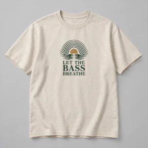 Let The Bass Breathe Tee in Oat / Forest — compact graphic concept mockup