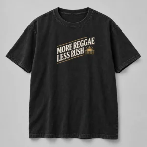 More Reggae Less Rush Tee in Washed Black / Cream — compact graphic concept mockup