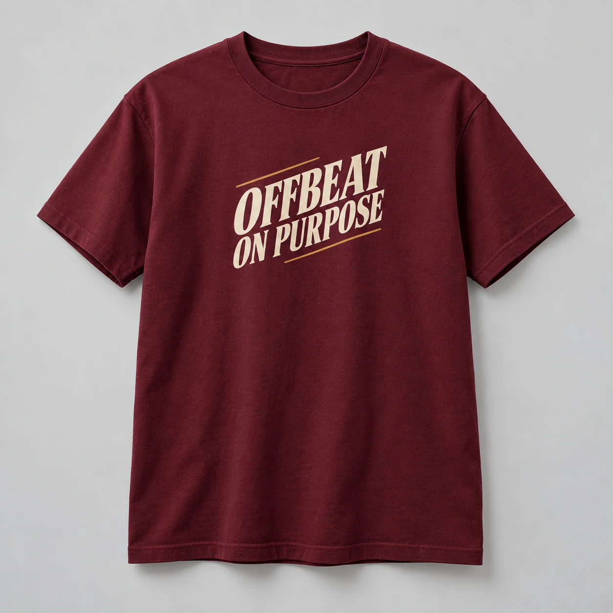 Offbeat On Purpose Tee in Burgundy / Cream — compact graphic concept mockup