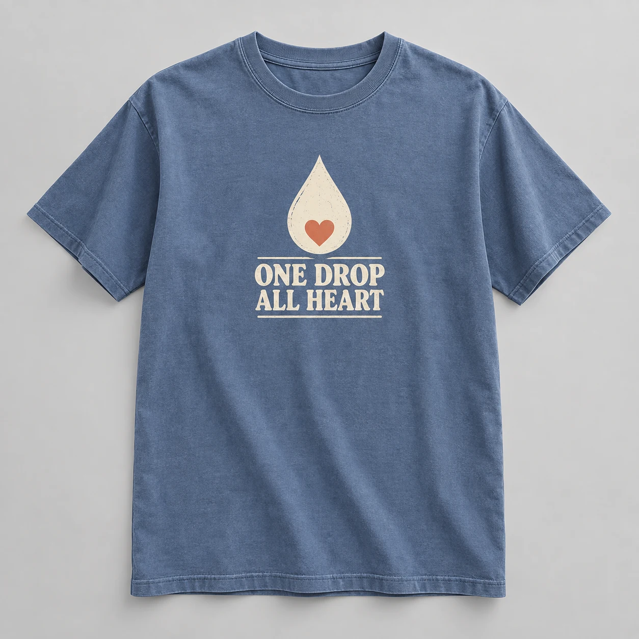 One Drop All Heart Tee in Faded Blue / Cream — compact graphic concept mockup