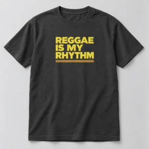 Reggae Is My Rhythm Tee in Charcoal / Acid Yellow — compact graphic concept mockup