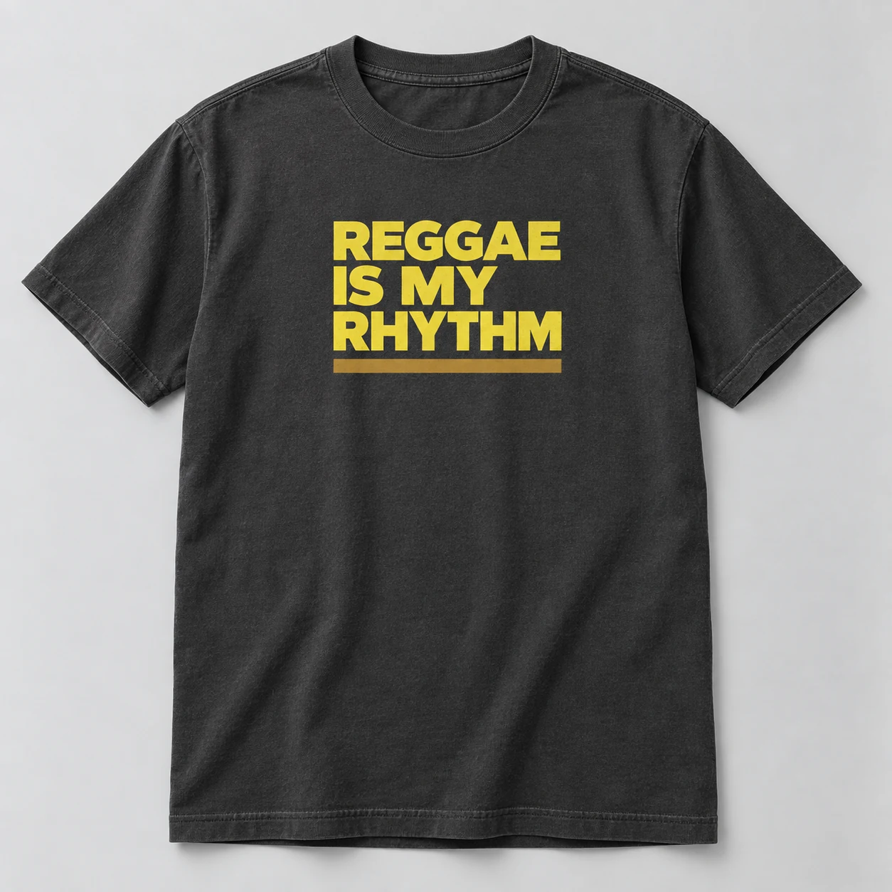 Reggae Is My Rhythm Tee in Charcoal / Acid Yellow — compact graphic concept mockup