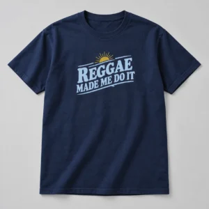Reggae Made Me Do It Tee in Navy / Pale Blue — compact graphic concept mockup
