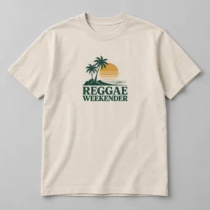 Reggae Weekender Tee in Oat / Forest — compact graphic concept mockup