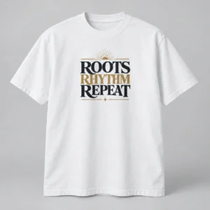 Roots Rhythm Repeat Tee in White / Ink Black — compact graphic concept mockup