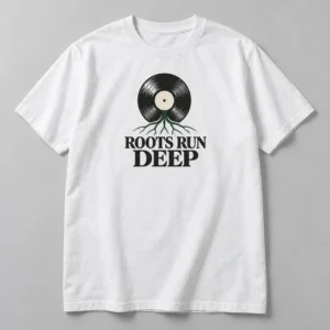 Roots Run Deep Tee in White / Ink Black — compact graphic concept mockup