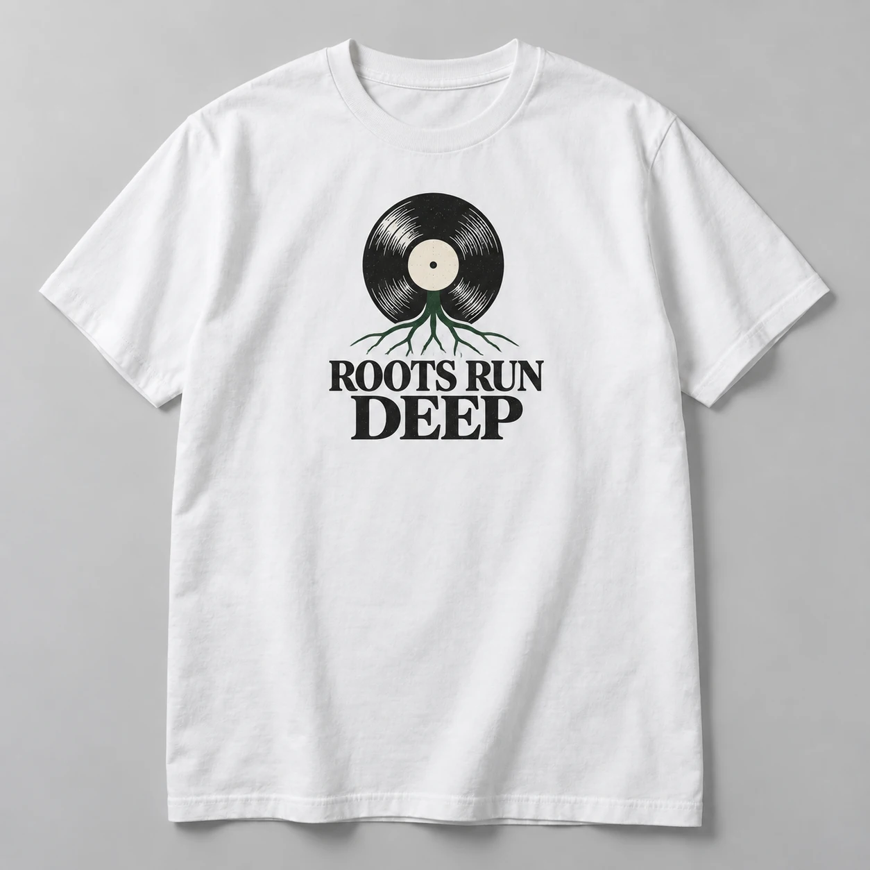 Roots Run Deep Tee in White / Ink Black — compact graphic concept mockup