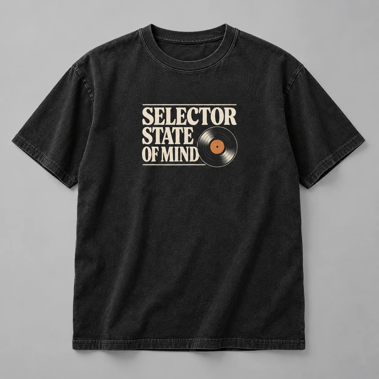 Selector State Of Mind Tee in Washed Black / Cream — compact graphic concept mockup