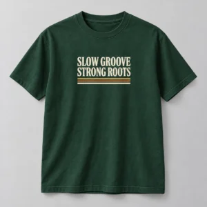 Slow Groove Strong Roots Tee in Forest / Cream — compact graphic concept mockup