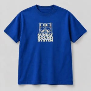 Sunday Sound System Tee in Cobalt / Cream — compact graphic concept mockup