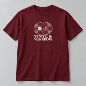 Vinyl & Vibrations Tee in Burgundy / Cream — compact graphic concept mockup