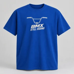 BMX Still Riding Tee in Cobalt / Cream — compact graphic concept mockup
