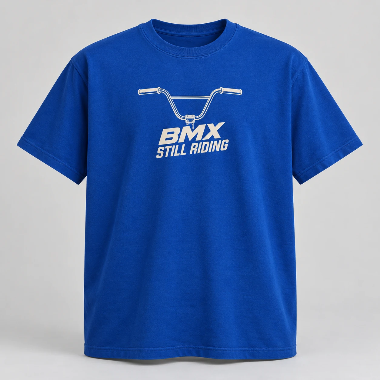 BMX Still Riding Tee in Cobalt / Cream — compact graphic concept mockup