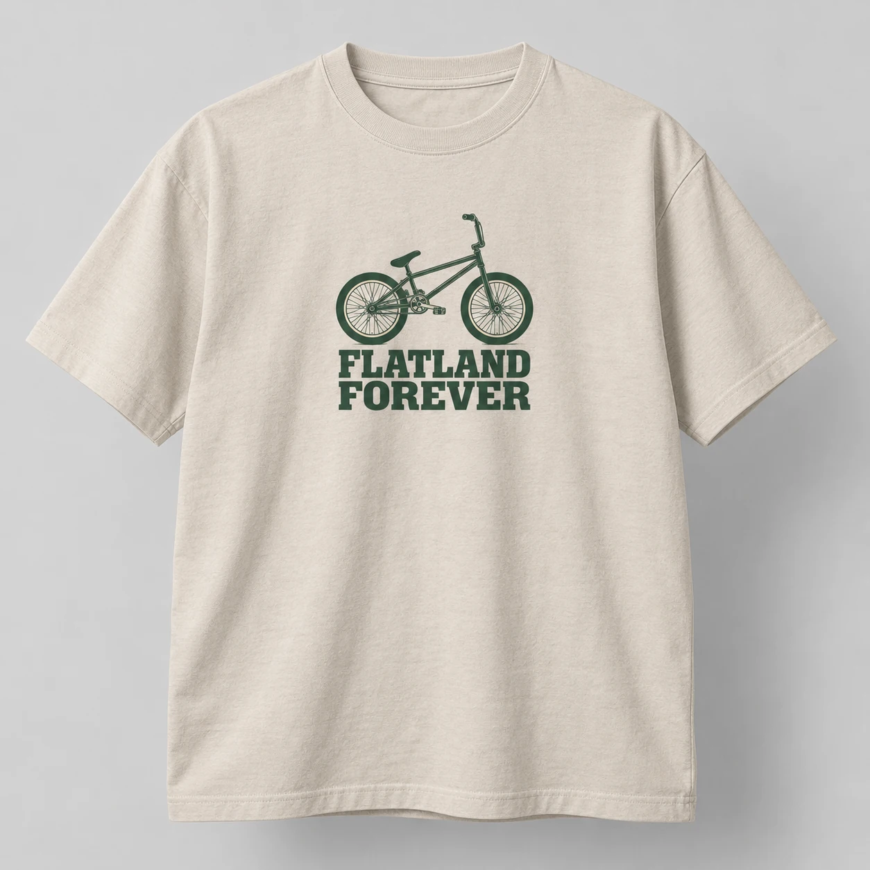 Flatland Forever Tee in Oat / Forest — compact graphic concept mockup