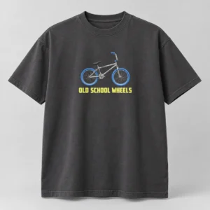 Old School Wheels Tee in Charcoal / Acid Yellow — compact graphic concept mockup
