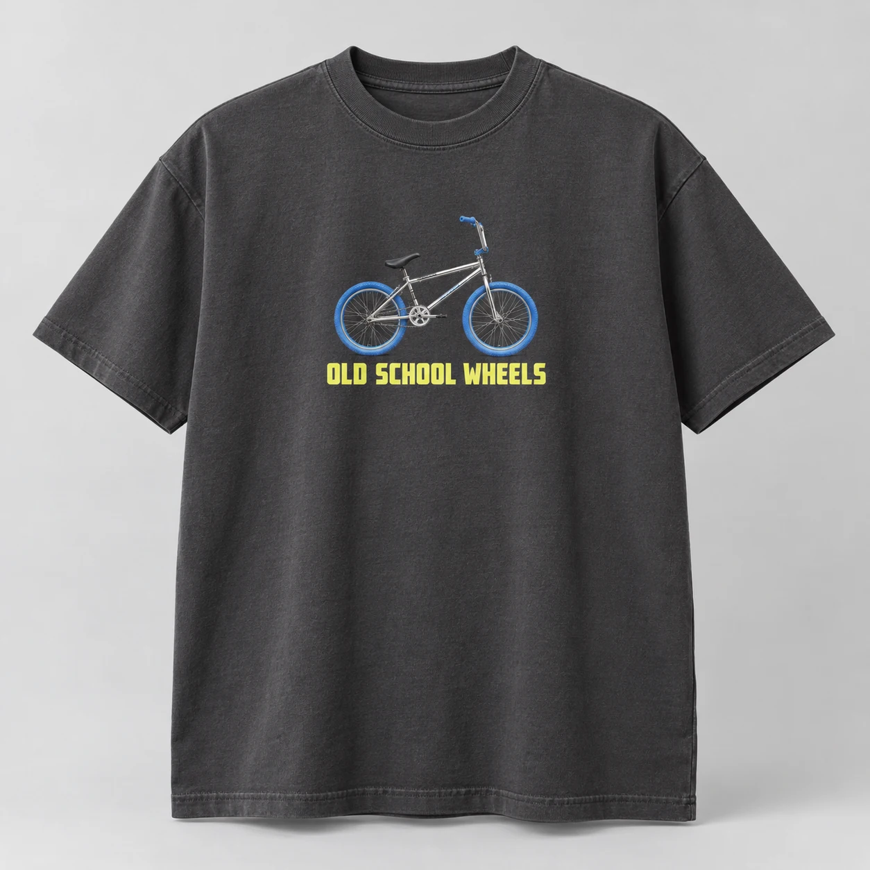 Old School Wheels Tee in Charcoal / Acid Yellow — compact graphic concept mockup