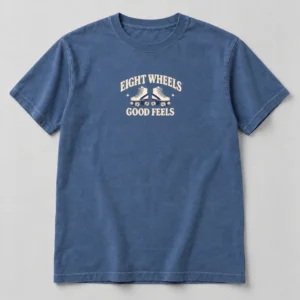 Eight Wheels Good Feels Tee in Faded Blue / Cream — compact graphic concept mockup