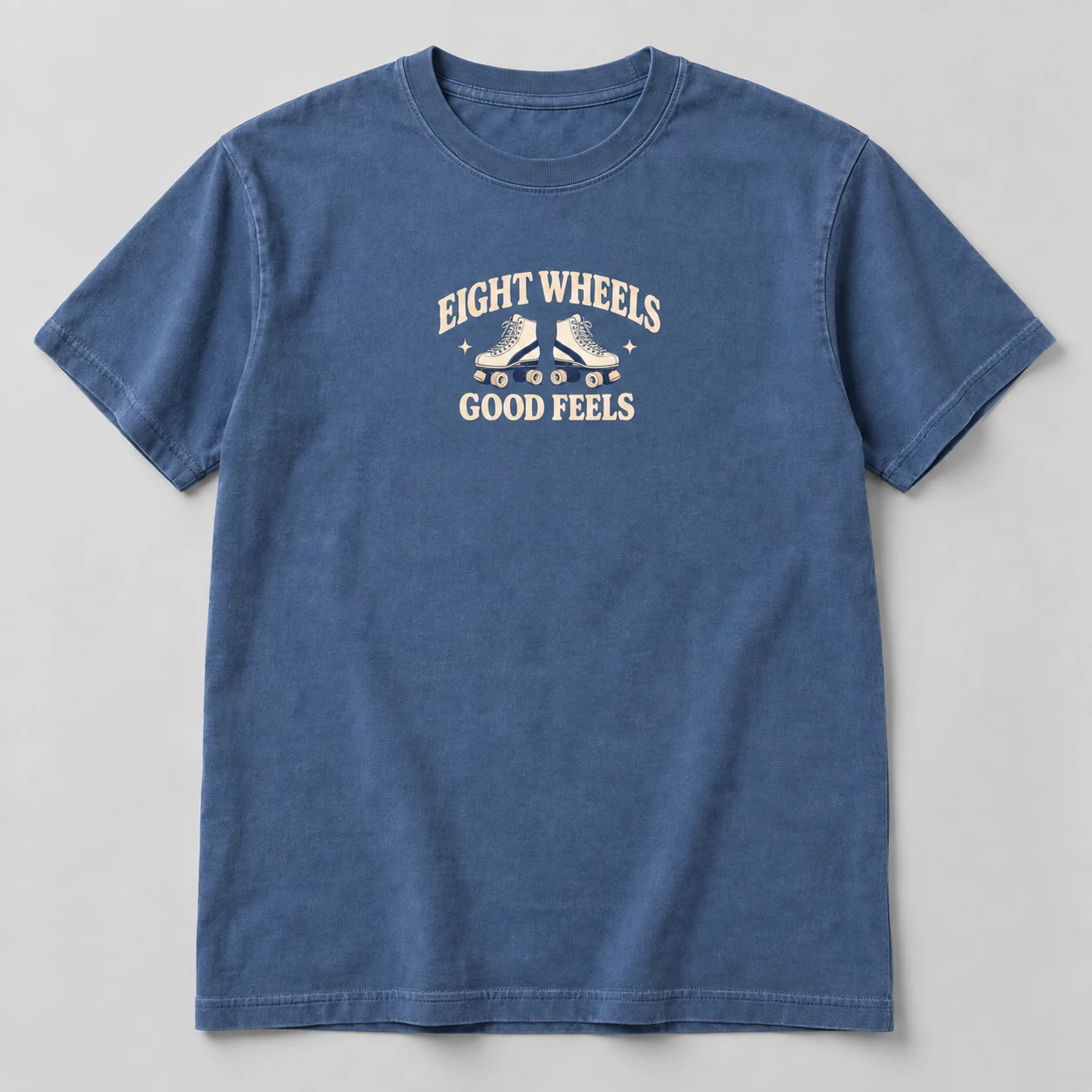 Eight Wheels Good Feels Tee in Faded Blue / Cream — compact graphic concept mockup