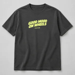 Good Mood On Wheels Tee in Charcoal / Acid Yellow — compact graphic concept mockup