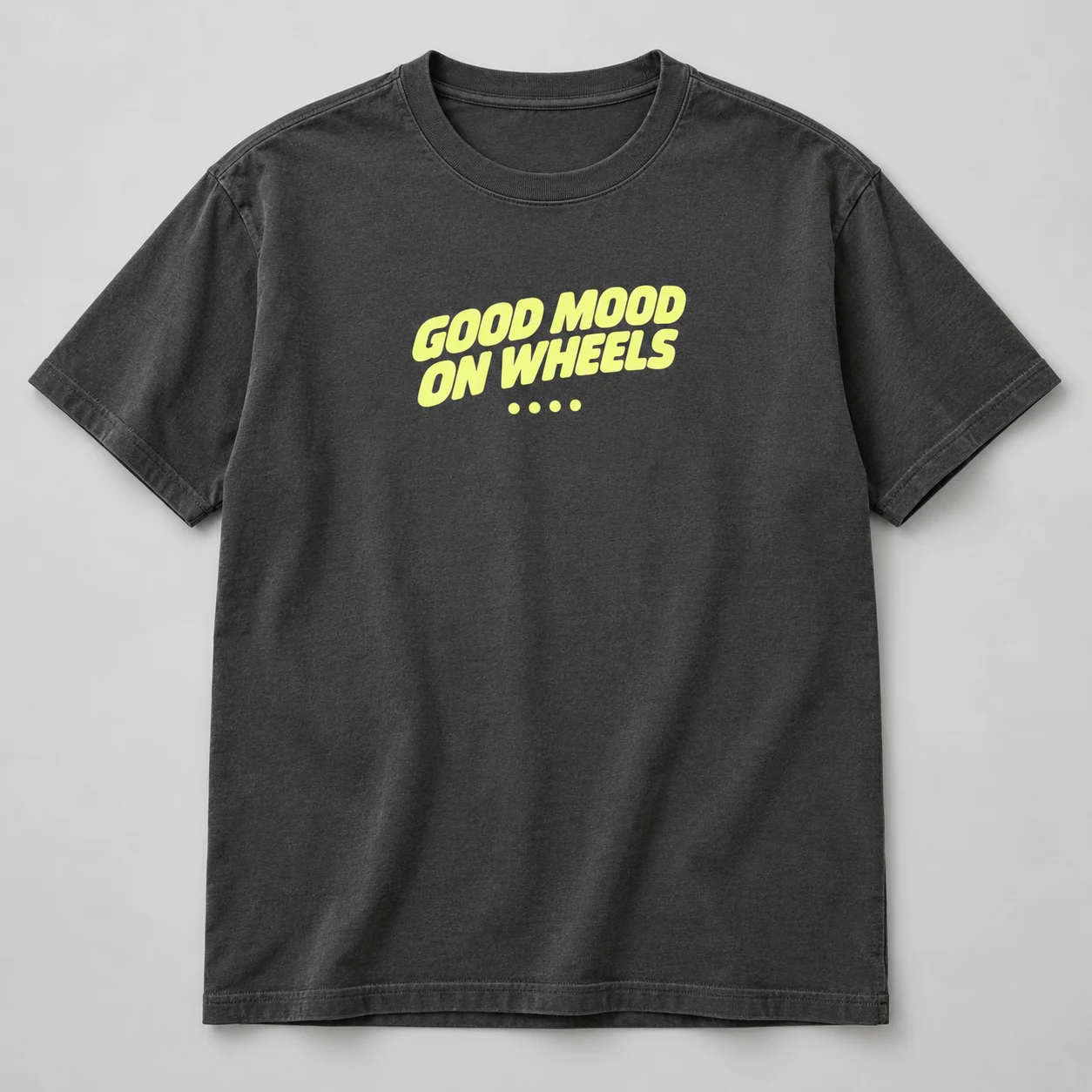 Good Mood On Wheels Tee in Charcoal / Acid Yellow — compact graphic concept mockup