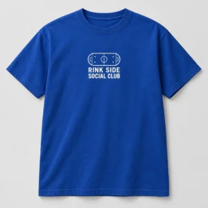 Rink Side Social Club Tee in Cobalt / Cream — compact graphic concept mockup
