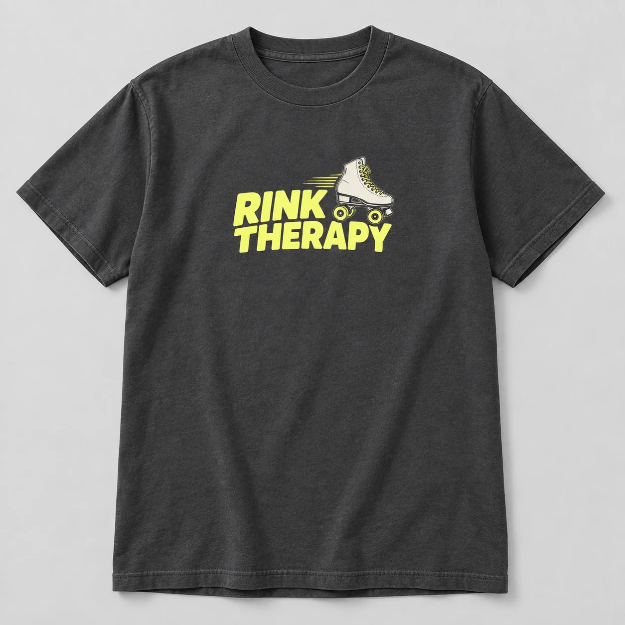 Rink Therapy Tee in Charcoal / Acid Yellow — compact graphic concept mockup
