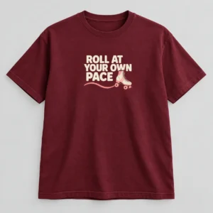 Roll At Your Own Pace Tee in Burgundy / Cream — compact graphic concept mockup