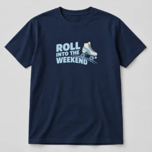 Roll Into The Weekend Tee in Navy / Pale Blue — compact graphic concept mockup