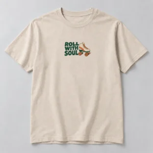 Roll With Soul Tee in Oat / Forest — compact graphic concept mockup