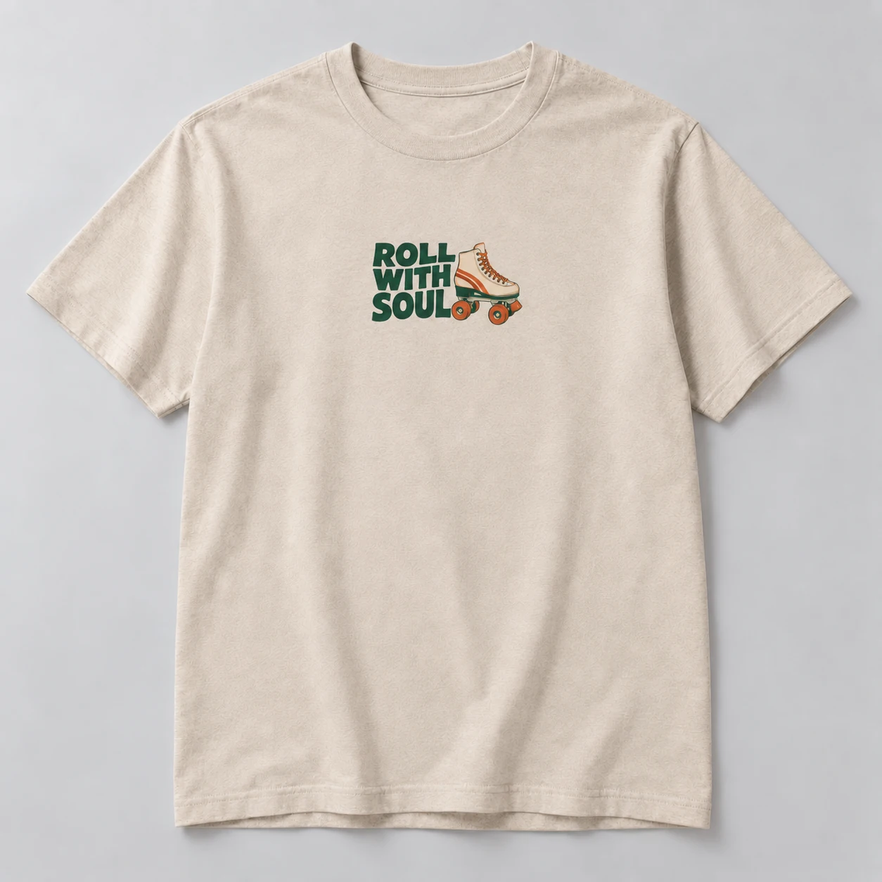 Roll With Soul Tee in Oat / Forest — compact graphic concept mockup