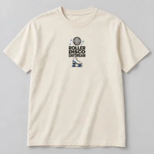 Roller Disco Daydream Tee in Natural / Ink Black — compact graphic concept mockup