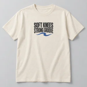 Soft Knees Strong Groove Tee in Natural / Ink Black — compact graphic concept mockup