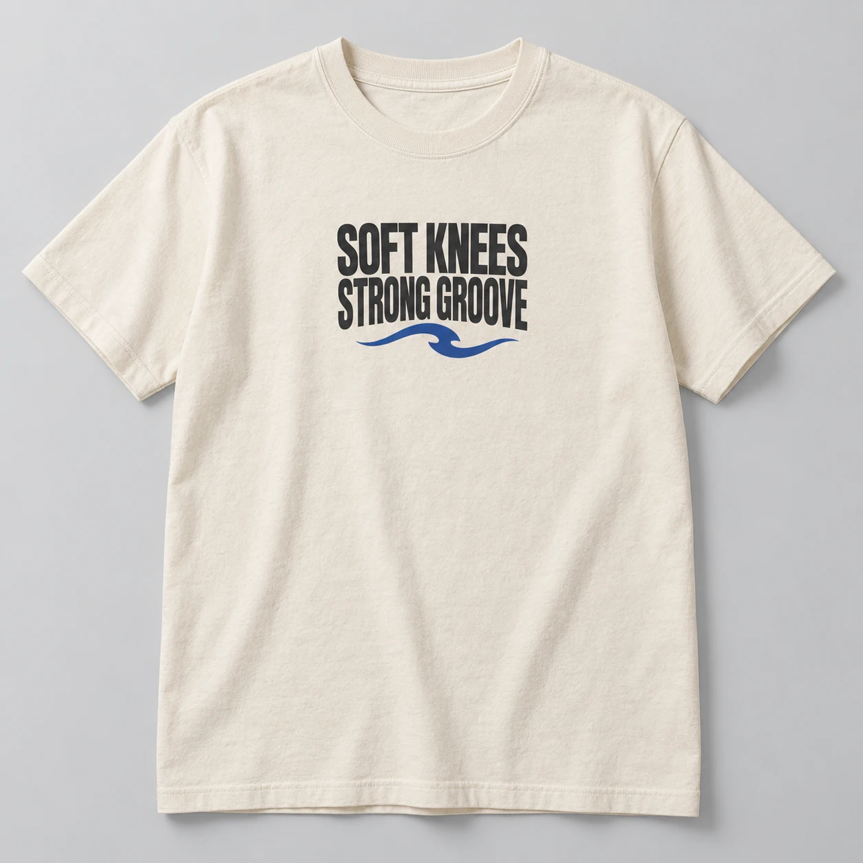 Soft Knees Strong Groove Tee in Natural / Ink Black — compact graphic concept mockup