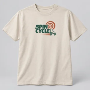 Spin Cycle Tee in Oat / Forest — compact graphic concept mockup