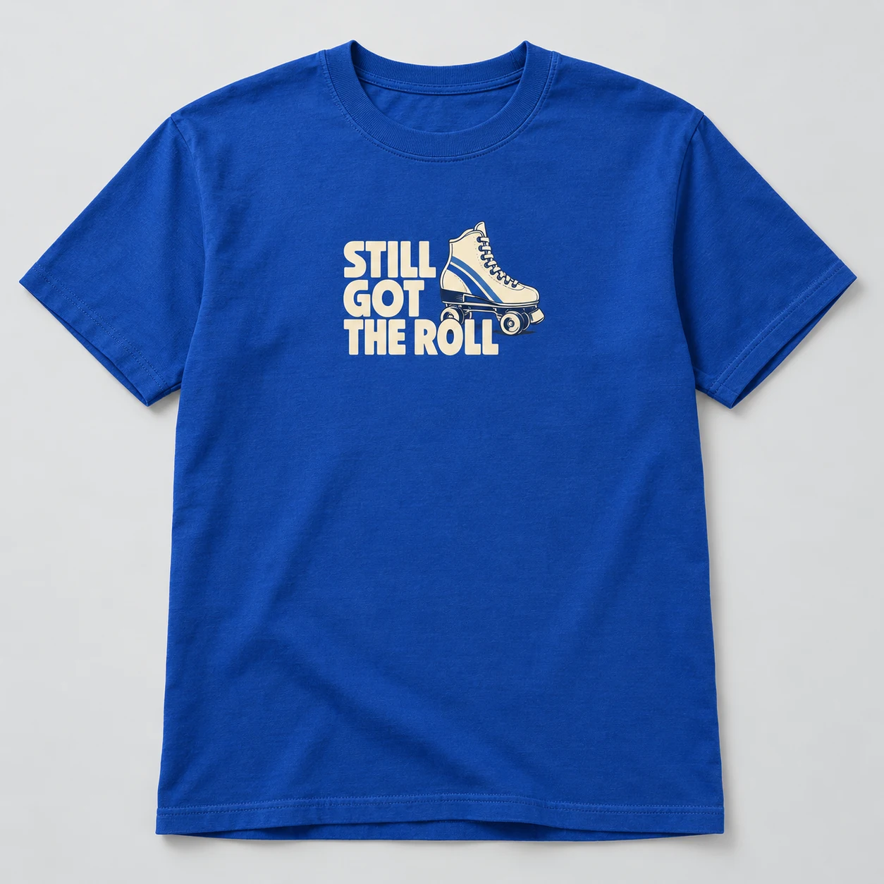 Still Got The Roll Tee in Cobalt / Cream — compact graphic concept mockup