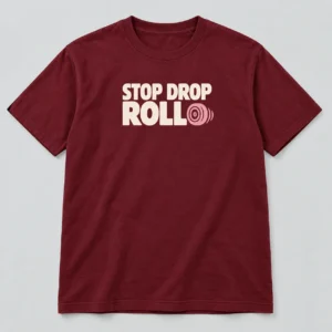 Stop Drop Roll Tee in Burgundy / Cream — compact graphic concept mockup